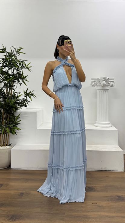 Bebe Mavi Halter Yaka Fırfırlı Özel Tasarım Abiye Elbise